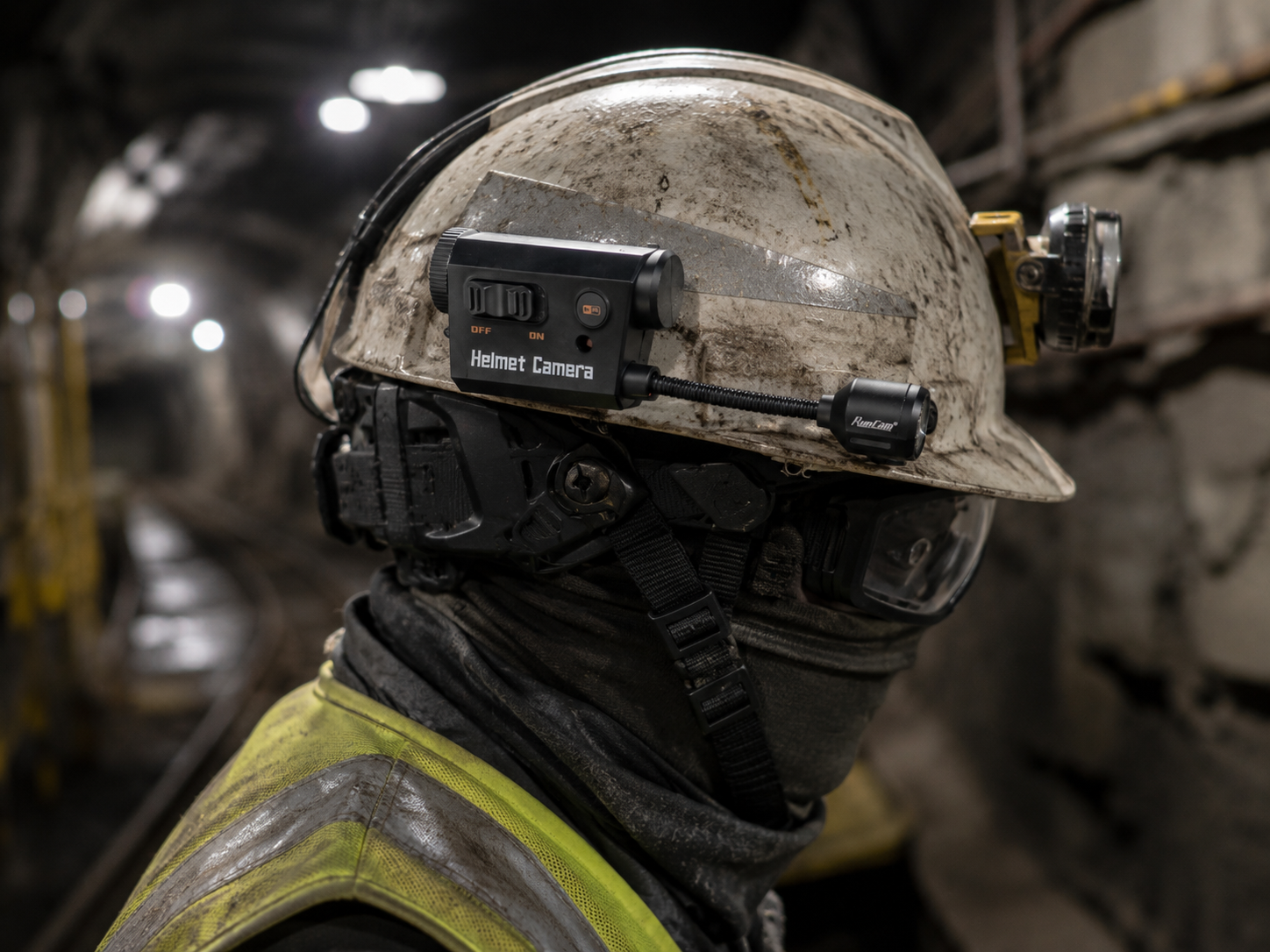 Technician using a helmet-mounted camera during an industrial inspection workflow